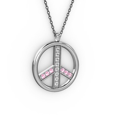 Pırlanta ve pembe kuvars 14 ayar beyaz altın kolye (0.12 karat, 40 cm gümüş rolo zincir)
