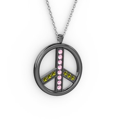 Pembe kuvars ve peridot 925 ayar siyah rodyum kaplama gümüş kolye (40 cm beyaz altın rolo zincir)