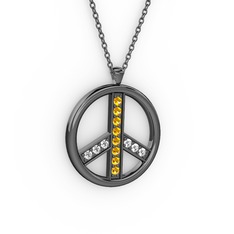 Barış Kolye - Sitrin ve beyaz zirkon 925 ayar siyah rodyum kaplama gümüş kolye (40 cm gümüş rolo zincir) #5dy6jy