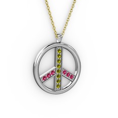 Peridot ve rodolit garnet 14 ayar beyaz altın kolye (40 cm altın rolo zincir)