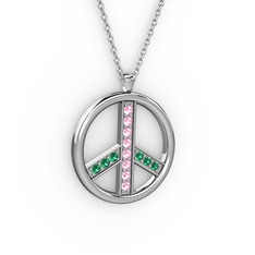 Pembe kuvars ve yeşil kuvars 18 ayar beyaz altın kolye (40 cm beyaz altın rolo zincir)