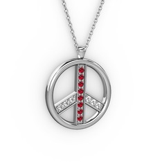 Garnet ve pırlanta 14 ayar beyaz altın kolye (0.09 karat, 40 cm beyaz altın rolo zincir)
