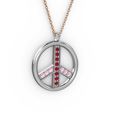 Garnet ve pembe kuvars 18 ayar beyaz altın kolye (40 cm rose altın rolo zincir)