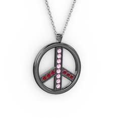 Pembe kuvars ve garnet 925 ayar siyah rodyum kaplama gümüş kolye (40 cm gümüş rolo zincir)