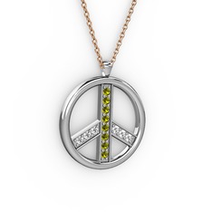 Peridot ve pırlanta 14 ayar beyaz altın kolye (0.09 karat, 40 cm rose altın rolo zincir)