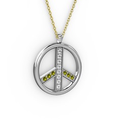 Pırlanta ve peridot 14 ayar beyaz altın kolye (0.12 karat, 40 cm altın rolo zincir)