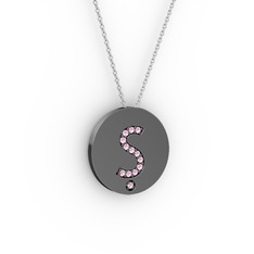 Ş Baş Harf Kolye - Pembe kuvars 925 ayar siyah rodyum kaplama gümüş kolye (40 cm beyaz altın rolo zincir) #s4f72t