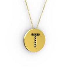 T Baş Harf Kolye - Siyah zirkon 18 ayar altın kolye (40 cm altın rolo zincir) #12hosrd