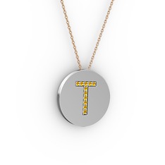 T Baş Harf Kolye - Sitrin 14 ayar beyaz altın kolye (40 cm rose altın rolo zincir) #13cxv72