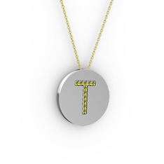 T Baş Harf Kolye - Peridot 18 ayar beyaz altın kolye (40 cm gümüş rolo zincir) #13gqzs7