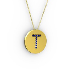 T Baş Harf Kolye - Lab safir 18 ayar altın kolye (40 cm altın rolo zincir) #13om09j