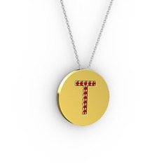T Baş Harf Kolye - Garnet 925 ayar altın kaplama gümüş kolye (40 cm beyaz altın rolo zincir) #14u26is