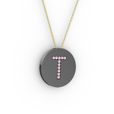 T Baş Harf Kolye - Pembe kuvars 925 ayar siyah rodyum kaplama gümüş kolye (40 cm altın rolo zincir) #1d65b3c