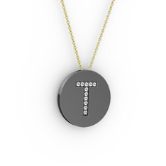 T Baş Harf Kolye - Swarovski 925 ayar siyah rodyum kaplama gümüş kolye (40 cm altın rolo zincir) #1f84ujn