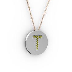 T Baş Harf Kolye - Peridot 925 ayar gümüş kolye (40 cm rose altın rolo zincir) #1nf018x