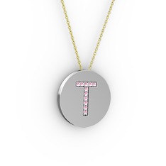 T Baş Harf Kolye - Pembe kuvars 925 ayar gümüş kolye (40 cm gümüş rolo zincir) #1z0j157