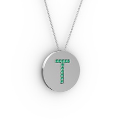 T Baş Harf Kolye - Yeşil kuvars 925 ayar gümüş kolye (40 cm beyaz altın rolo zincir) #40esp9