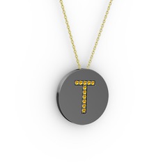 T Baş Harf Kolye - Sitrin 925 ayar siyah rodyum kaplama gümüş kolye (40 cm altın rolo zincir) #a0bl0b