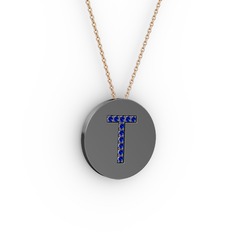 T Baş Harf Kolye - Lab safir 925 ayar siyah rodyum kaplama gümüş kolye (40 cm rose altın rolo zincir) #ntzd5h