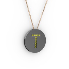 T Baş Harf Kolye - Peridot 925 ayar siyah rodyum kaplama gümüş kolye (40 cm rose altın rolo zincir) #pawf87