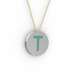 T Baş Harf Kolye - Yeşil kuvars 18 ayar beyaz altın kolye (40 cm gümüş rolo zincir) #qa1eag