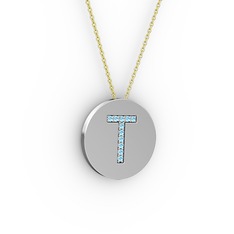 T Baş Harf Kolye - Akuamarin 925 ayar gümüş kolye (40 cm altın rolo zincir) #t0nm2f