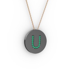 U Baş Harf Kolye - Yeşil kuvars 925 ayar siyah rodyum kaplama gümüş kolye (40 cm rose altın rolo zincir) #10ckppl