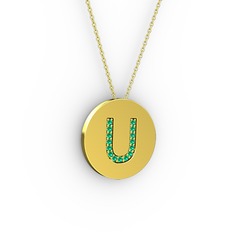 U Baş Harf Kolye - Yeşil kuvars 925 ayar altın kaplama gümüş kolye (40 cm gümüş rolo zincir) #17ser46