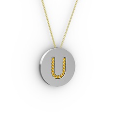 U Baş Harf Kolye - Sitrin 14 ayar beyaz altın kolye (40 cm altın rolo zincir) #194ju08