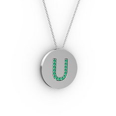 U Baş Harf Kolye - Yeşil kuvars 14 ayar beyaz altın kolye (40 cm gümüş rolo zincir) #1fo40id