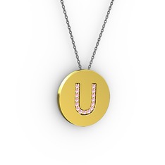U Baş Harf Kolye - Pembe kuvars 14 ayar altın kolye (40 cm gümüş rolo zincir) #1w6lq9u