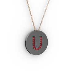 U Baş Harf Kolye - Garnet 925 ayar siyah rodyum kaplama gümüş kolye (40 cm gümüş rolo zincir) #1x1jb2g