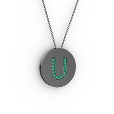 U Baş Harf Kolye - Yeşil kuvars 925 ayar siyah rodyum kaplama gümüş kolye (40 cm gümüş rolo zincir) #5lbznh