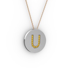 U Baş Harf Kolye - Sitrin 18 ayar beyaz altın kolye (40 cm rose altın rolo zincir) #77zhby