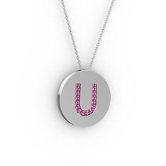 U Baş Harf Kolye - Rodolit garnet 14 ayar beyaz altın kolye (40 cm beyaz altın rolo zincir) #b32fuu