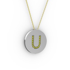 U Baş Harf Kolye - Peridot 8 ayar beyaz altın kolye (40 cm altın rolo zincir) #d4d9sn