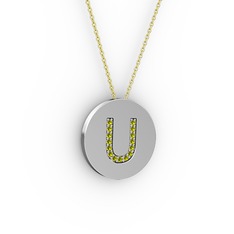 U Baş Harf Kolye - Peridot 14 ayar beyaz altın kolye (40 cm gümüş rolo zincir) #fumz2m