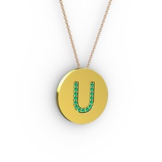 U Baş Harf Kolye - Yeşil kuvars 925 ayar altın kaplama gümüş kolye (40 cm rose altın rolo zincir) #i2zs02