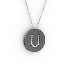 U Baş Harf Kolye - Swarovski 925 ayar siyah rodyum kaplama gümüş kolye (40 cm gümüş rolo zincir) #uw6sae