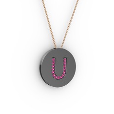 U Baş Harf Kolye - Rodolit garnet 925 ayar siyah rodyum kaplama gümüş kolye (40 cm gümüş rolo zincir) #v42g4x
