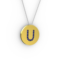 U Baş Harf Kolye - Lab safir 14 ayar altın kolye (40 cm beyaz altın rolo zincir) #xum847