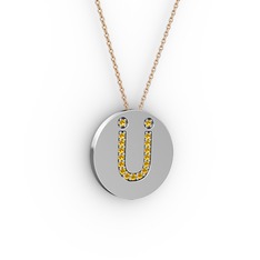 Ü Baş Harf Kolye - Sitrin 8 ayar beyaz altın kolye (40 cm rose altın rolo zincir) #1adaozk