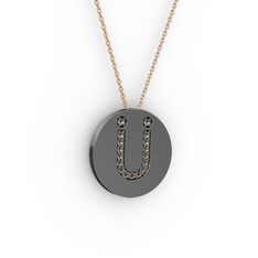Ü Baş Harf Kolye - Dumanlı kuvars 925 ayar siyah rodyum kaplama gümüş kolye (40 cm rose altın rolo zincir) #1pai8qt