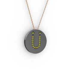 Ü Baş Harf Kolye - Peridot 925 ayar siyah rodyum kaplama gümüş kolye (40 cm rose altın rolo zincir) #1pn23qq