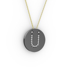 Ü Baş Harf Kolye - Beyaz zirkon 925 ayar siyah rodyum kaplama gümüş kolye (40 cm gümüş rolo zincir) #3jokx5