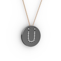Ü Baş Harf Kolye - Beyaz zirkon 925 ayar siyah rodyum kaplama gümüş kolye (40 cm rose altın rolo zincir) #3zb8xg