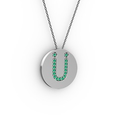 Ü Baş Harf Kolye - Yeşil kuvars 18 ayar beyaz altın kolye (40 cm gümüş rolo zincir) #5mc365