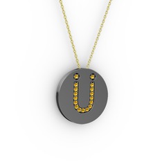 Ü Baş Harf Kolye - Sitrin 925 ayar siyah rodyum kaplama gümüş kolye (40 cm gümüş rolo zincir) #d6uae4
