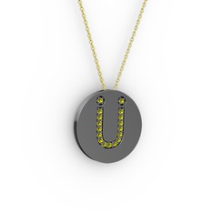 Ü Baş Harf Kolye - Peridot 925 ayar siyah rodyum kaplama gümüş kolye (40 cm altın rolo zincir) #dcyh5q