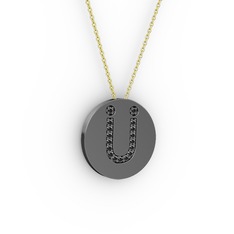 Ü Baş Harf Kolye - Siyah zirkon 925 ayar siyah rodyum kaplama gümüş kolye (40 cm altın rolo zincir) #ev8p5s